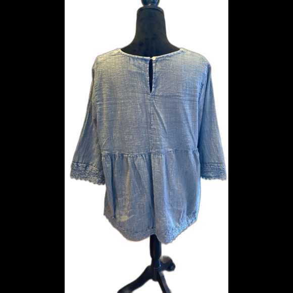 Rachel & Zoe Blouse Plus Size 1X Boho Pleasant Top Chambray Lace V Neck Flowy - Picture 4 of 10